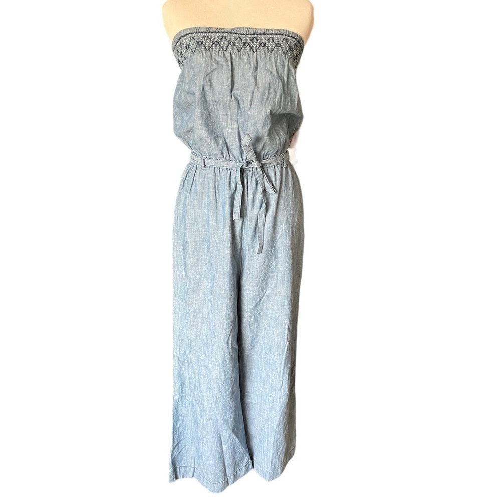 FREE PEOPLE SZ S ‘Living Easy’ Strapless Wide Leg Hemp Chambray Jumpsuit Romper